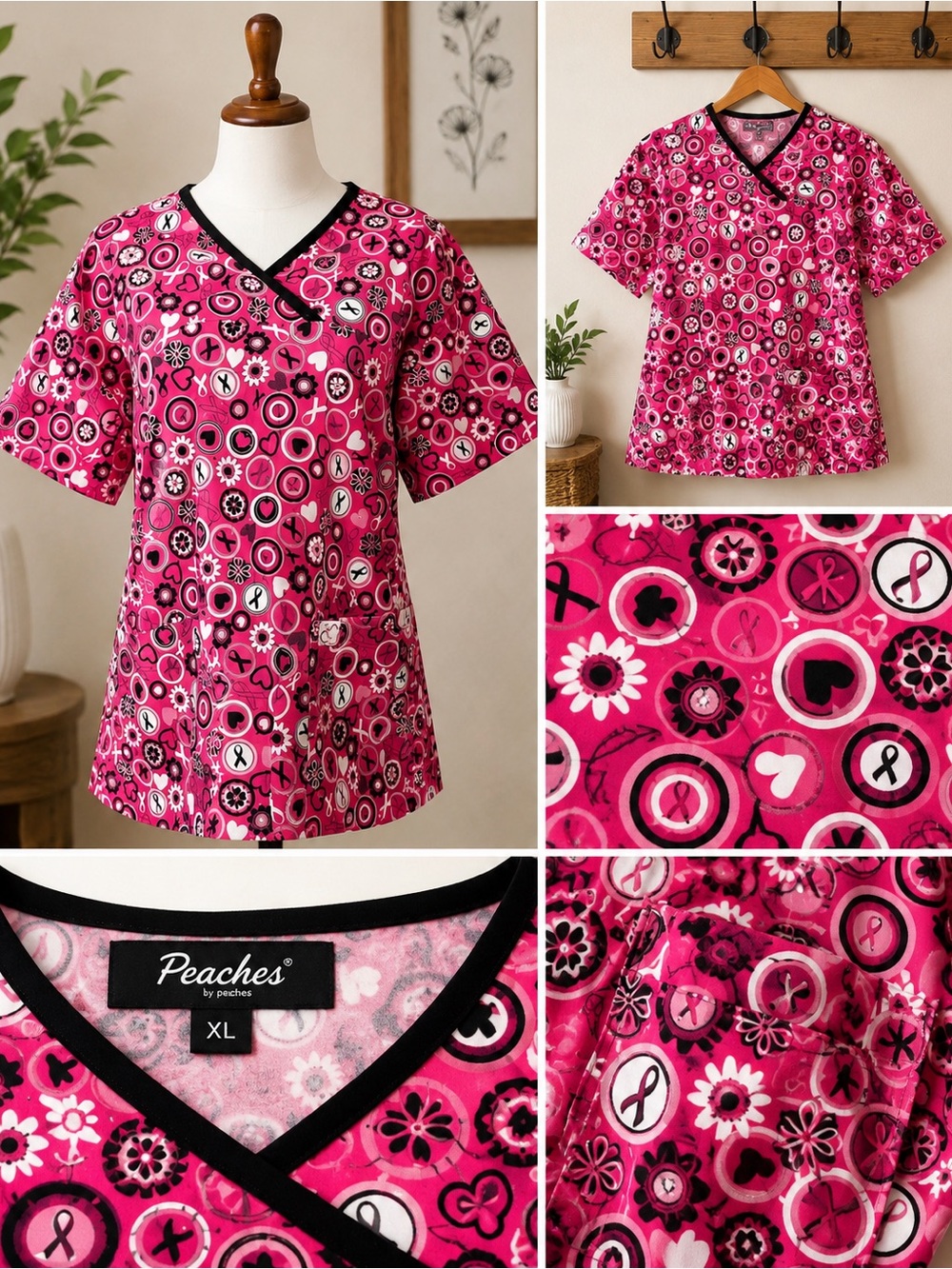 Peaches Uniforms Pink/Black Breast Cancer Awareness Ribbon Scrub Top Women’s XL